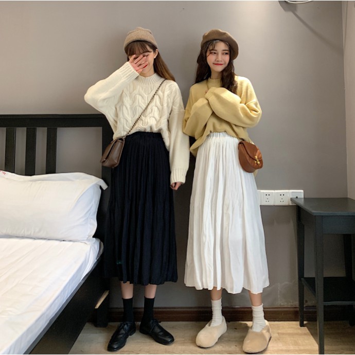 Chân váy dài nhún 2 lớp Ulzzang phong cách Hàn Quốc Freesize