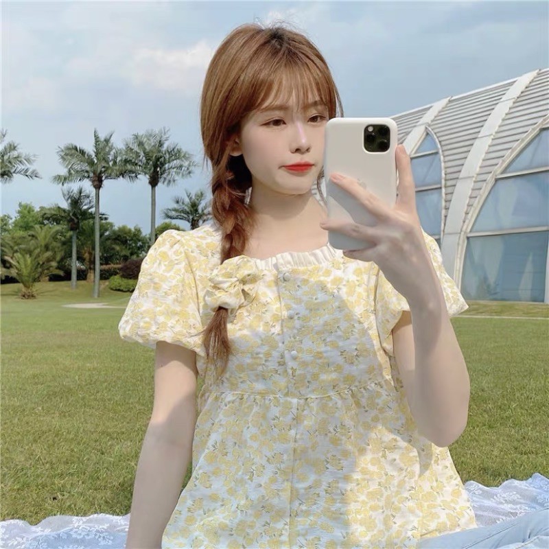 Áo thô baby doll hoa nhí cổ vuông viền bèo mặc được hai mặt Ulzzang style Hàng Quảng Châu