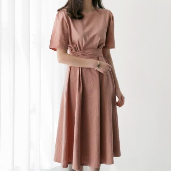 33555   Simple solid round neck short sleeves midi dress