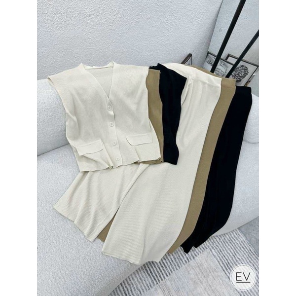 Set Len Mongtoghi Cao Cấp, Set Áo Len Sát Nách Phối Quần Ống Suông Quảng Châu