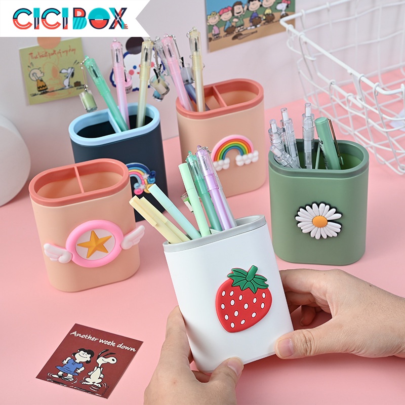 Ống cắm bút  hộp đựng bút 2 ngăn kèm hình dễ thương, ống cắm bút nhựa nhiều màu sắc CICIBOX