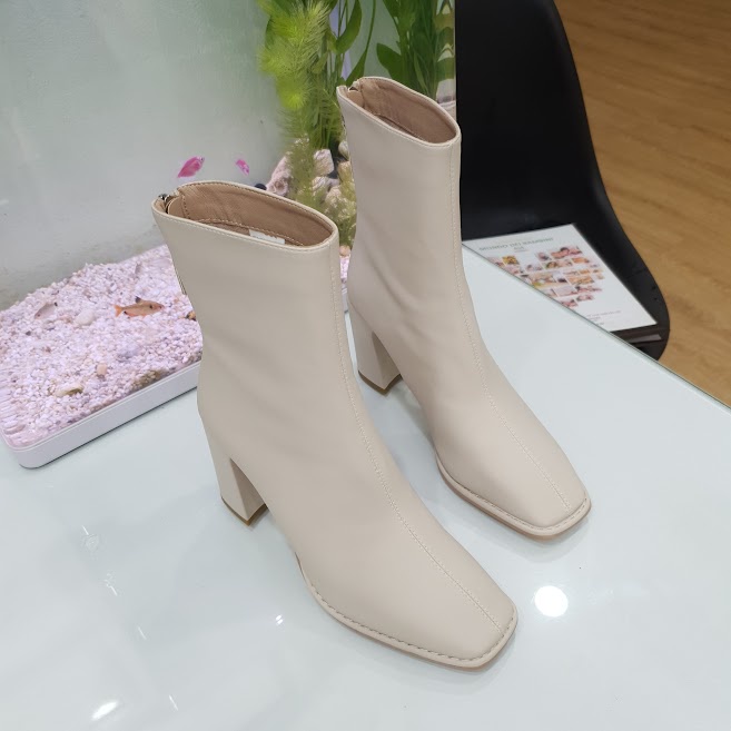 Giày boot nữ da mềm 2021 B SHOES, boot thấp cổ lót nỉ khóa sau, mũi vuông, kiểu dáng hiện đại trẻ trung, cao 7p B23