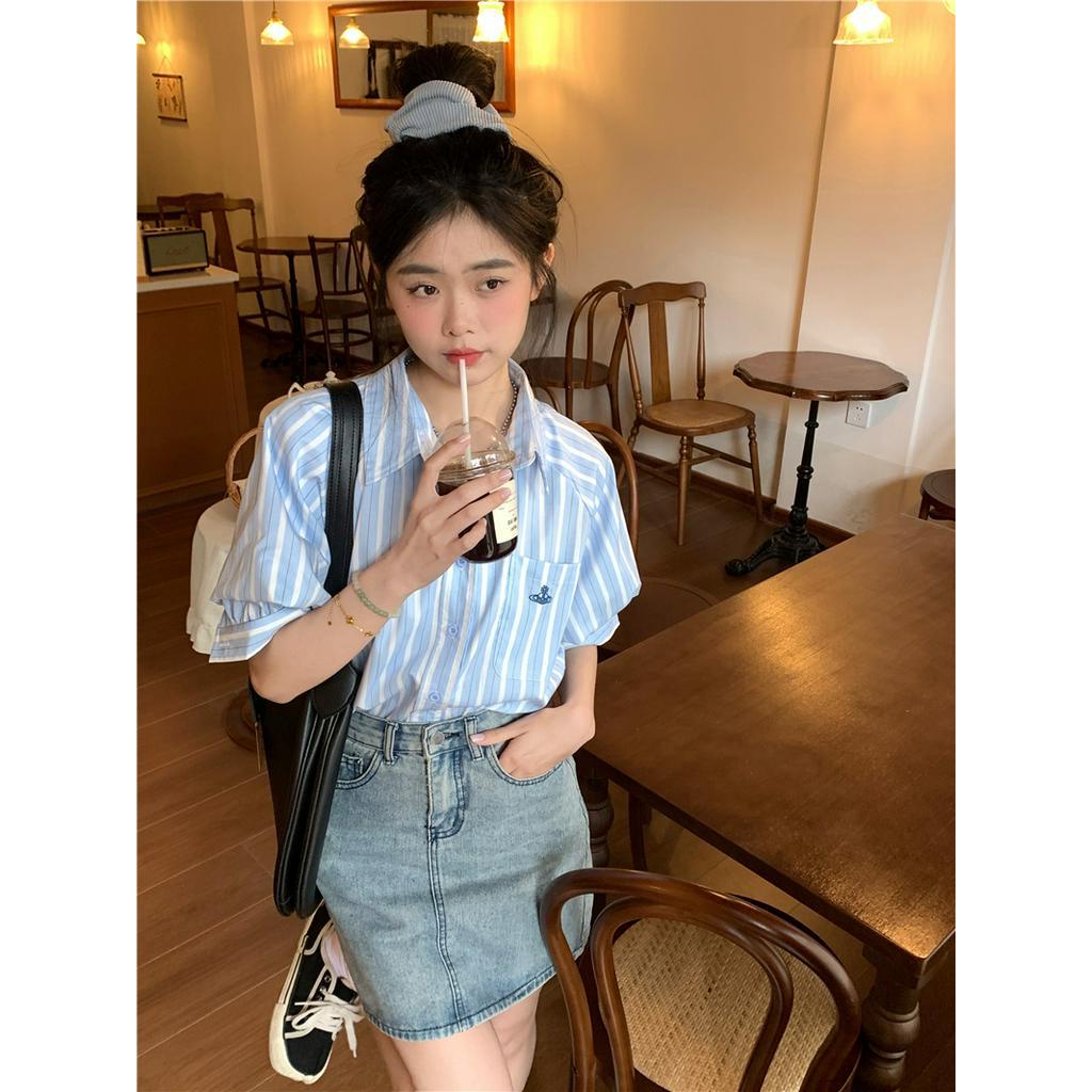Áo Sơ Mi Kẻ Sọc Dáng Rộng Ngắn Tay Thời Trang Cao Cấp 64236