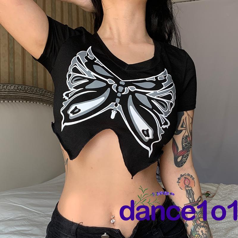 ☌OF✲Women Summer V-neck Short Sleeve Butterfly Pattern Print Crop Tops