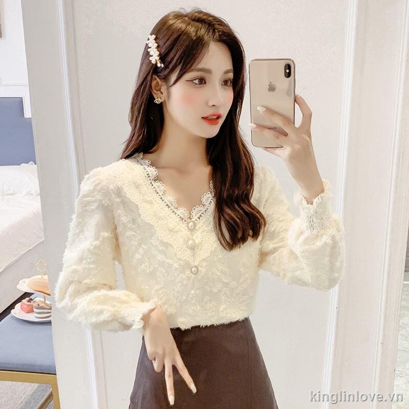 Áo Kiểu Tay Dài Phối Ren Thời Trang Thanh Lịch Cho Nữ