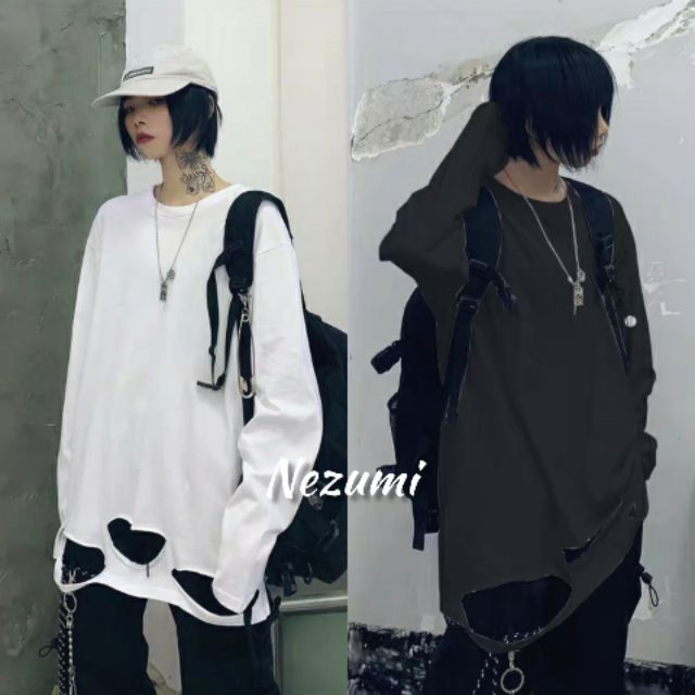 (Có sẵn) Áo thun dài tay 100% cotton unisex rách gấu layer hip hop | BigBuy360 - bigbuy360.vn