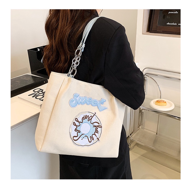 Túi Tote Đeo Vai Mùa Hè Bằng Vải Bạt Kích Thước Lớn Thêu Hình Bánh Donut Phong Cách Hàn Quốc Mới 2022