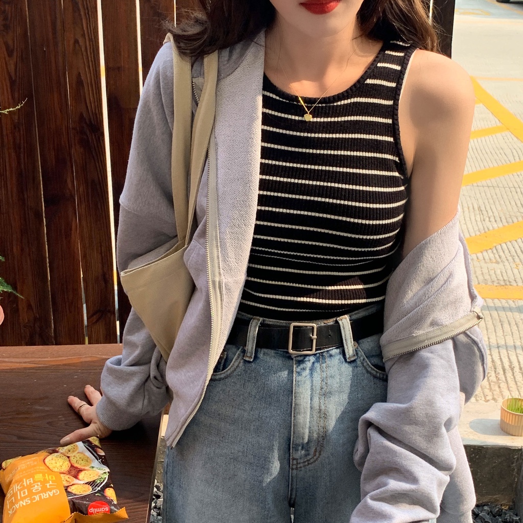 Áo sát nách họa tiết kẻ sọc ngang / màu trơn cá tính hợp thời trang 46343