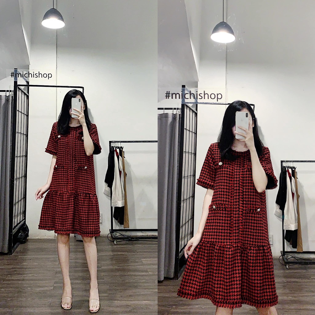 Váy dạ houndstooth đuôi cá màu đỏ - 85V08