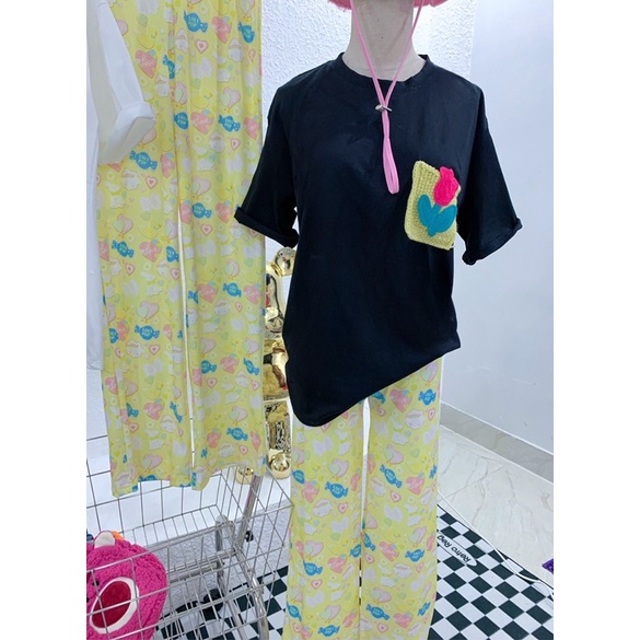 Set áo thun cotton phối túi len đủ màu quần suông gân ép xinh xắn E7