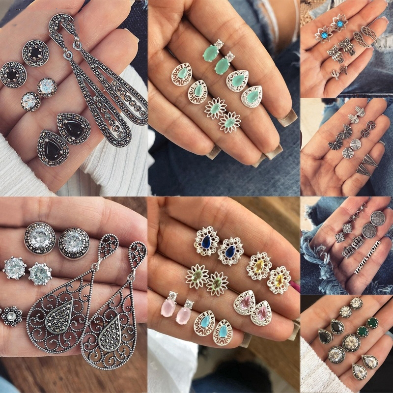 Ifyou Vintage Gemstone Crystal WaterDrop Opals Stud Earring Silver Jewelry