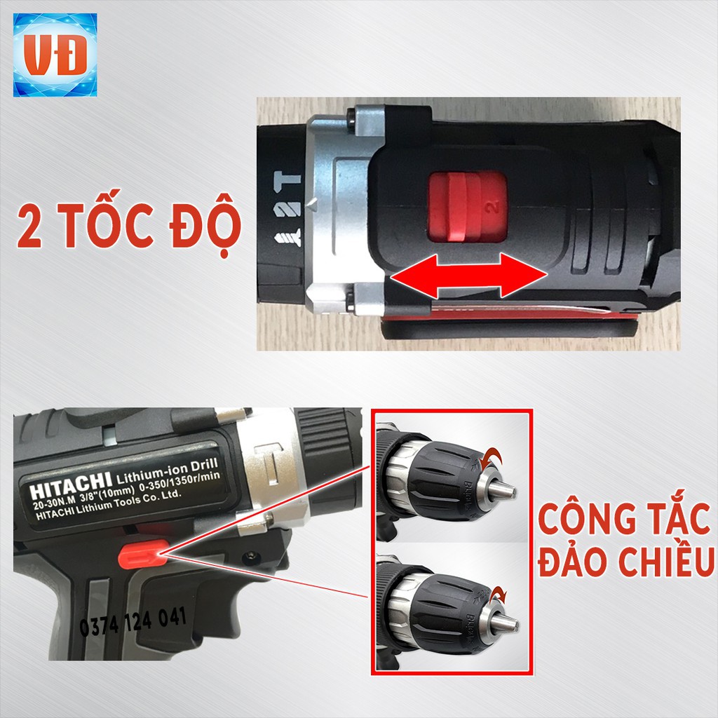 [FREESHIP + TẶNG BỘ DỤNG CỤ 22 MÓN] Máy Khoan Pin HITACHI 2 PIN 28V CHUẨN 5 CELL (Có Búa) 3 chức năng - Made In Japan