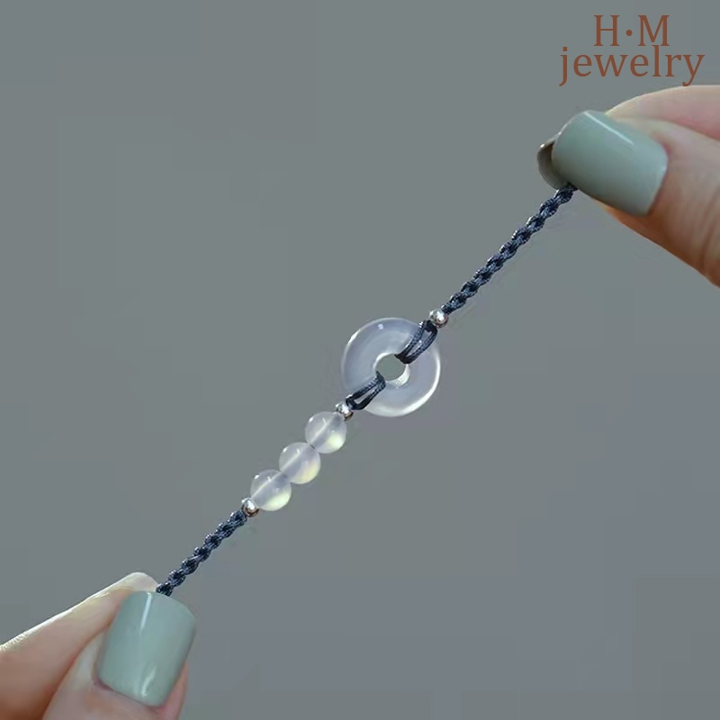 Vòng Tay Dây Bện Đính Hạt Ngọc Bích Màu Xanh Dương Mang Lại May Mắn Ins Hetian