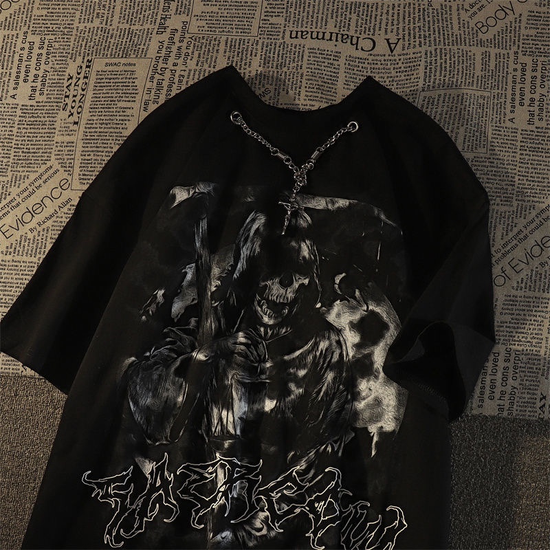 Áo Thun Cotton Tay Ngắn In Hình Đầu Lâu Phong Cách Harajuku Thời Trang Mùa Hè 2023