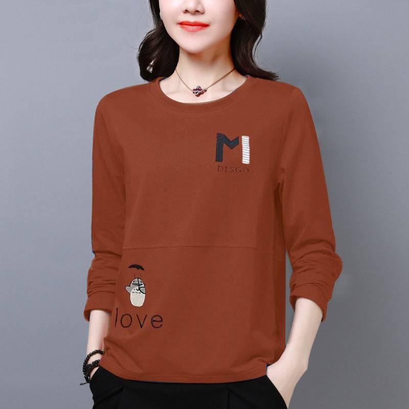 Áo thun tay dài cổ tròn dáng rộng cỡ lớn thời trang cho phụ nữ trung niên