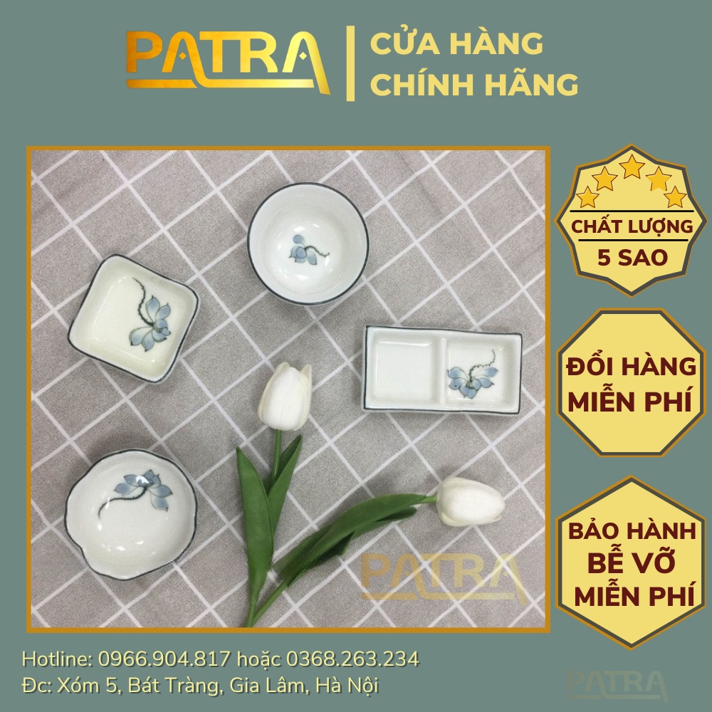 Bộ đĩa gia vị sứ, bát mắm, chén nước chấm Bát Tràng cao cấp vẽ sen xanh