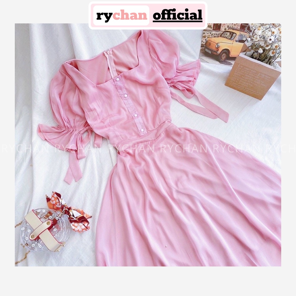 Đầm Xòe Midi Hồng Đính Nút Nơ Tay  [Ảnh Thật Cuối] - DX0047