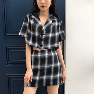 Sp sẵn - SET KẺ CARO ÁO VEST CROPTOP MIX CHÂN VÁY CARO QUẢNG CHÂU