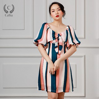 Đầm chít eo nữ Callia Yuko tay phồng.(Sọc hồng)