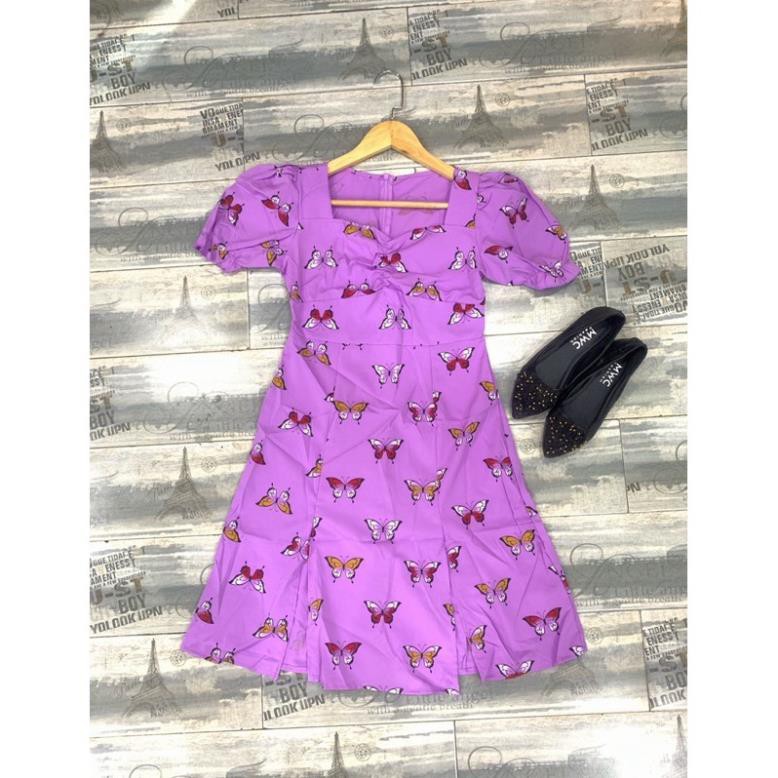 Váy cổ vuông dáng xòe họa tiết bướm , đầm nữ xẻ tà tay phồng nằm trong bộ sưu tập đầm ulzzang hot nhất 2021 | BigBuy360 - bigbuy360.vn