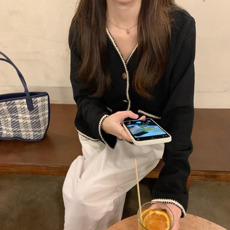 Áo cardigan dệt kim cổ V dáng tweed ngắn phong cách Hàn Quốc