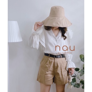 Set áo trắng bèo mix quần short nâu