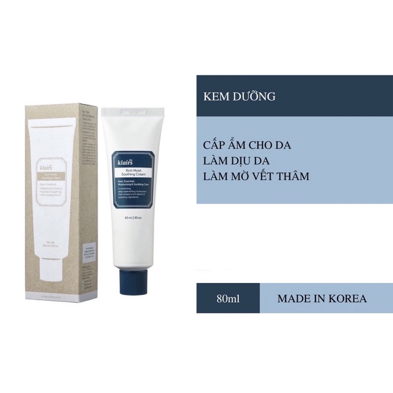 Combo Toner Dear Klairs Supple Preparation Unscented + Kem Dưỡng Dear Klairs Rich Moist Soothing Crea