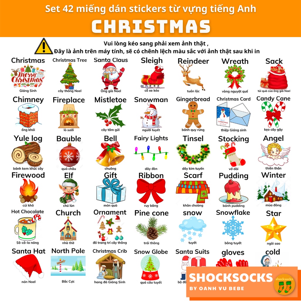 🔥42 miếng dán stickers từ vựng tiếng Anh chủ đề GIÁNG SINH - 42 Eng/Vi vocabulary stickers topic CHRISTMAS 🔥