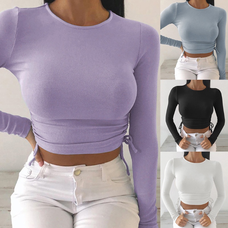 Áo Croptop Tay Dài Cổ Tròn Màu Sắc Đơn Giản Cho Nữ