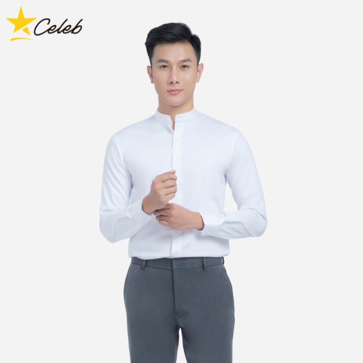 Áo Sơ Mi Nam Tay Dài Màu Trắng Bamboo Cổ Trụ CELEB S02