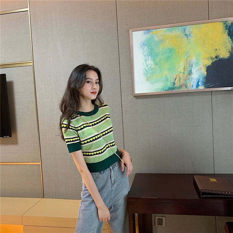 Áo Thun Dệt Kim Tay Ngắn Màu Xanh Bơ Thiết Kế Mới Thời Trang Mùa Hè 2022 Phong Cách Hàn Quốc Cho Nữ