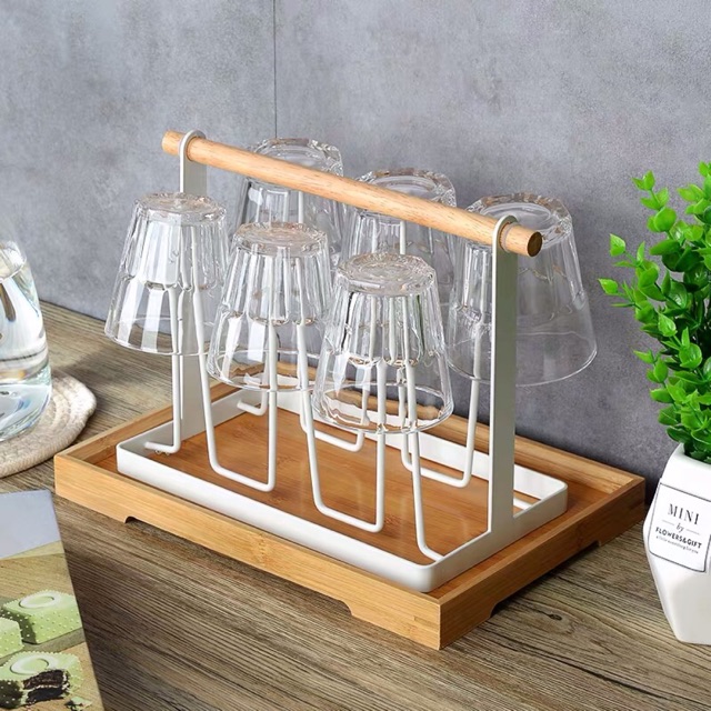 Giá úp cốc sang trọng có tay cầm bằng gỗ [2 màu đen - trắng]