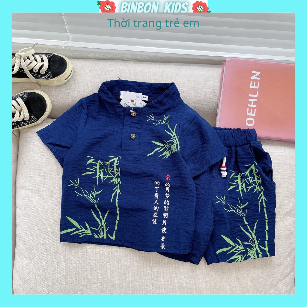 Bộ cộc tay cho bé trai Binbon kids, Đồ bộ bé trai Chất đũi in hình Cây Tre cực mát cho bé 6-28kg QATEA68
