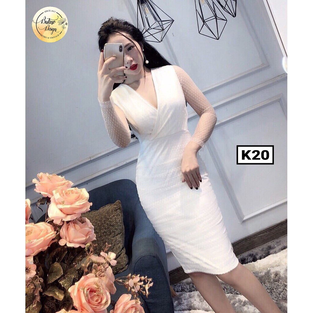 Váy đầm body K20 Trắng phối ren dài tay 2 lớp BUTINO SHOP - 4 màu
