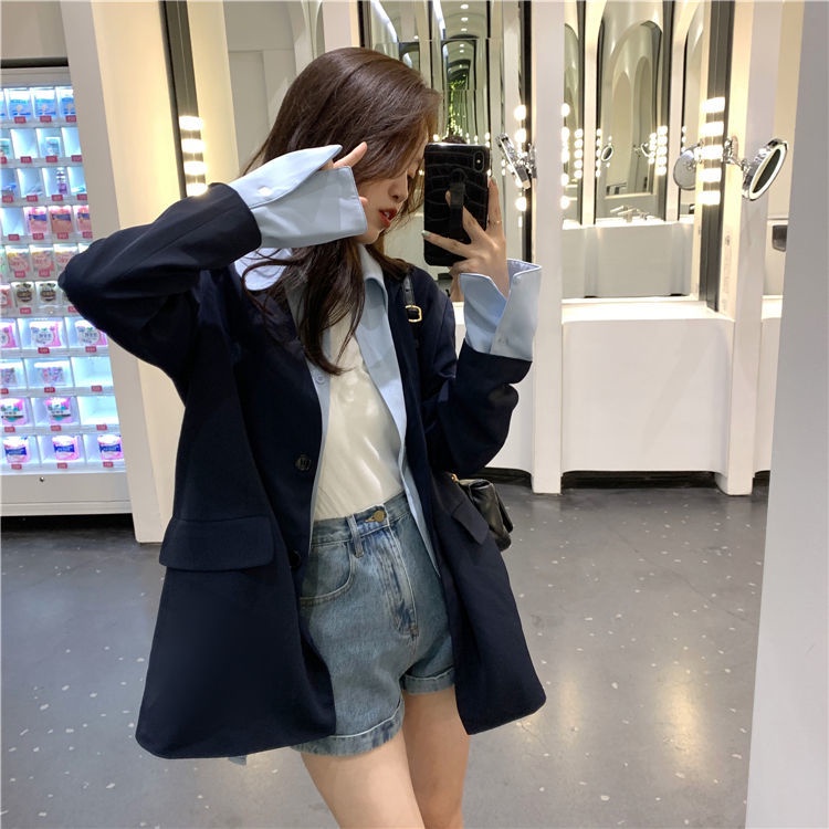 Áo khoác giả hai lớp tay dài dáng rộng thời trang mùa thu phong cách Hàn Quốc cho nữ