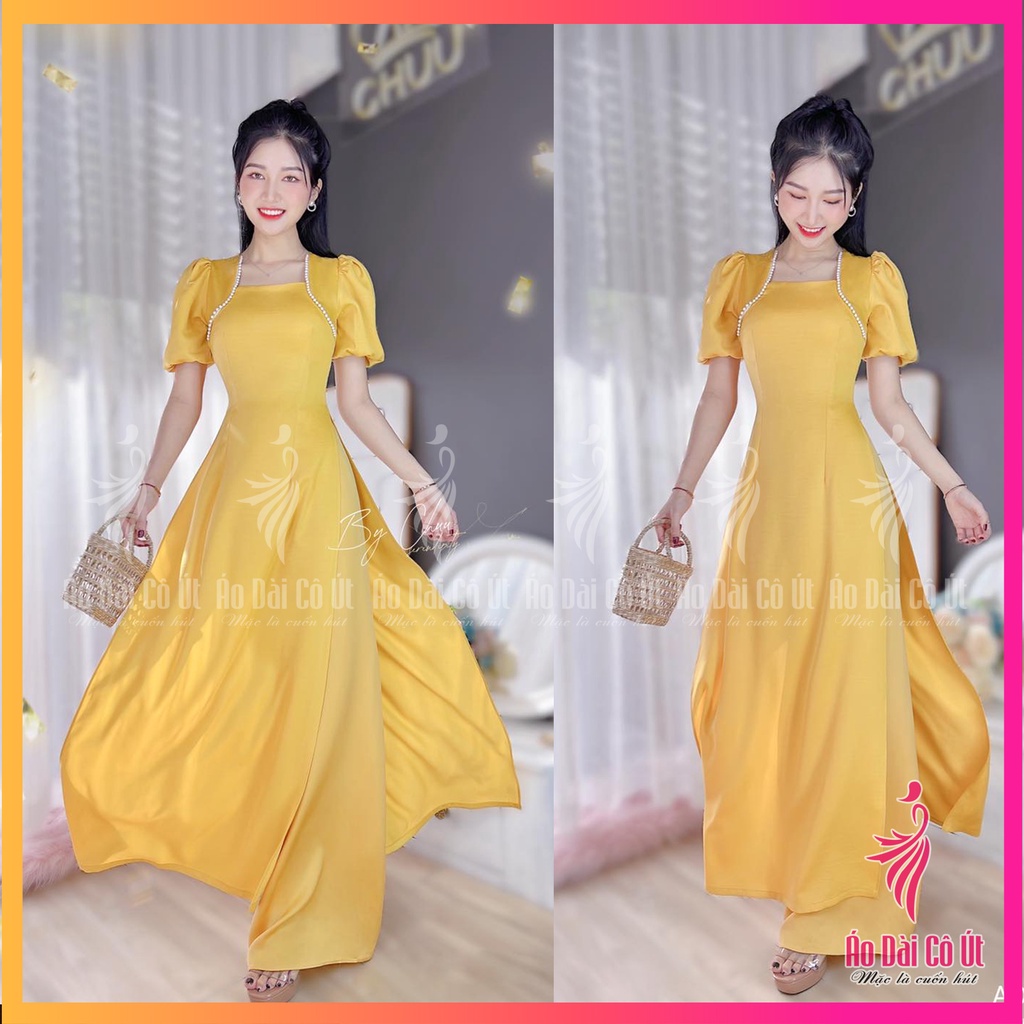 Áo Dài Nữ Truyền Thống Tay Bồng Cổ Vuông Đính Ngọc Lụa Tây Thi Hàng May Sẵn