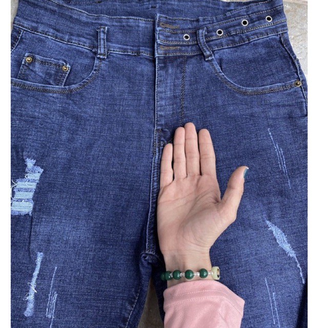 Quần Ngố Jeans Lưng Cao Qua Rốn - Quần Lửng Co Giãn Phối Lưng Cao Rách Thời Trang