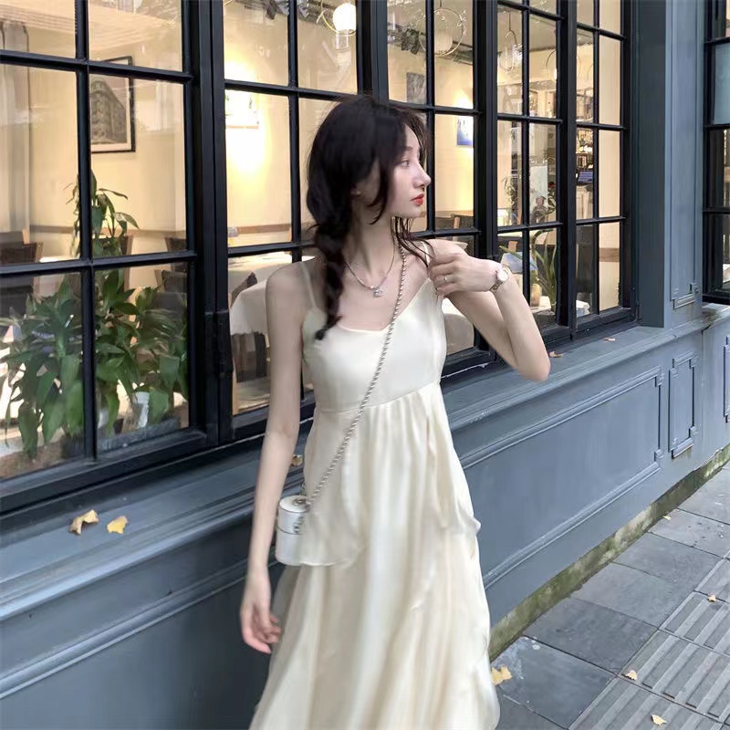 Đầm Dây Cho Nữ Đầm Dây Ngọt Ngào Sữa Retro Kiểu Pháp Đầm Ôm Eo