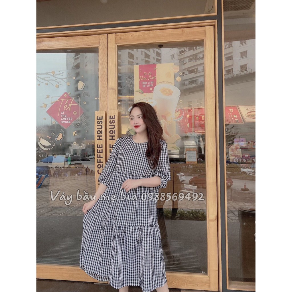 Váy bầu bigsize -Đầm bầu thiết kế GuMe 2 màu Caro Đỏ, Đen dáng 3 tầng tay lỡ chất vải thô cotton mềm mát MB205 ảnh thật