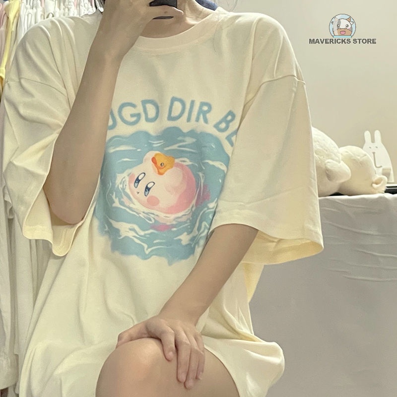 Áo thun tay ngắn dáng rộng vải cotton in hình Kirby thời trang mùa hè dành cho nữ sinh