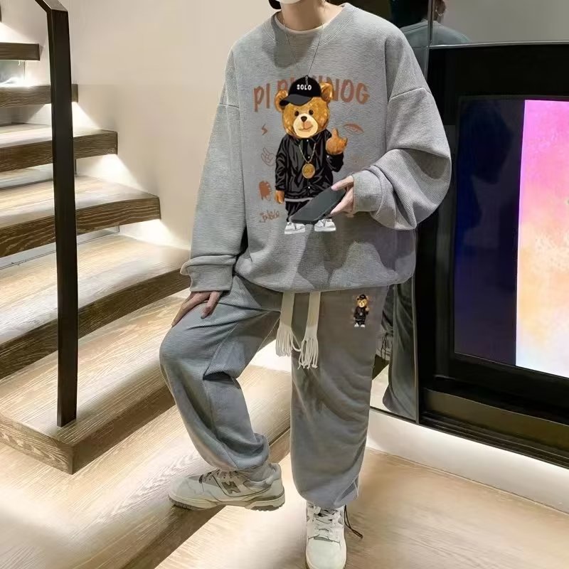 Mới Bộ Áo Sweater Tay Dài bộ quần áo nam Dáng Rộng In Họa đồ bộ nam Tiết Hoạt Hình Đơn Giản Phong Cách Hàn Quốc bộ thể thao nữ Thời Trang bộ Nam Nữ