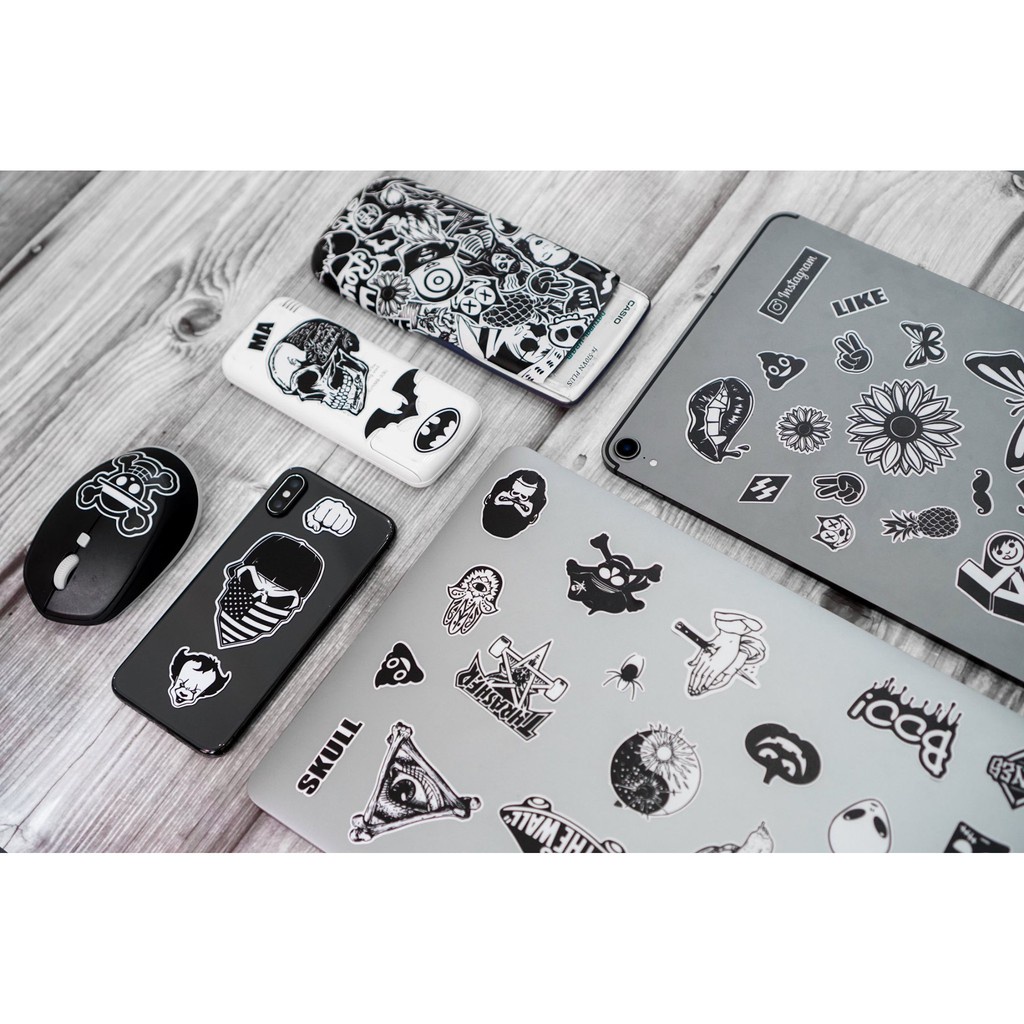 Sticker Hình Dán Trắng Đen Dán Nón Bảo Hiêm, Điện Thoại, Laptop, Bình Nước...Chống Nước, Chống Bay Màu