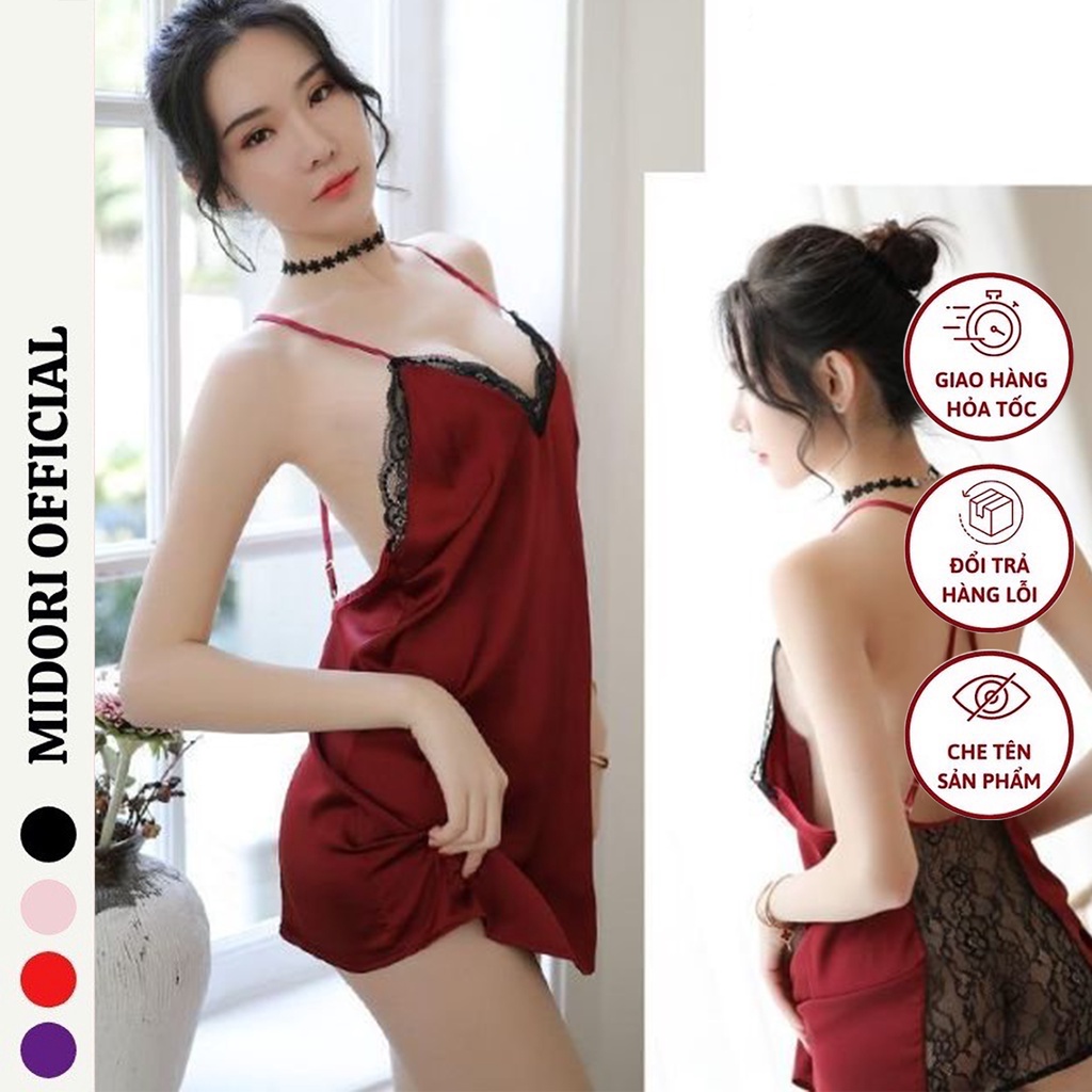 Váy ngủ 2 dây sexy gợi cảm MIDORI nữ xuyên thấu chất liệu lụa cao cấp có kèm quần chip lọt khe freesize VN06