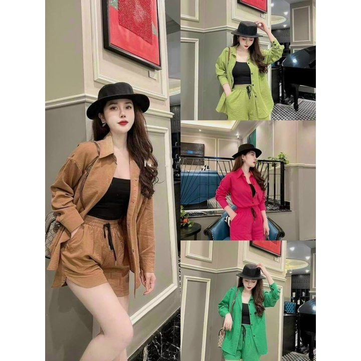 Sét Bộ Nữ Thời Trang Mặc Đi Chơi, Séy Bộ Đũi Áo Khoác Tay Dài Mix Quần Đùi Kèm Áo Lót Cottom Cao Cấp