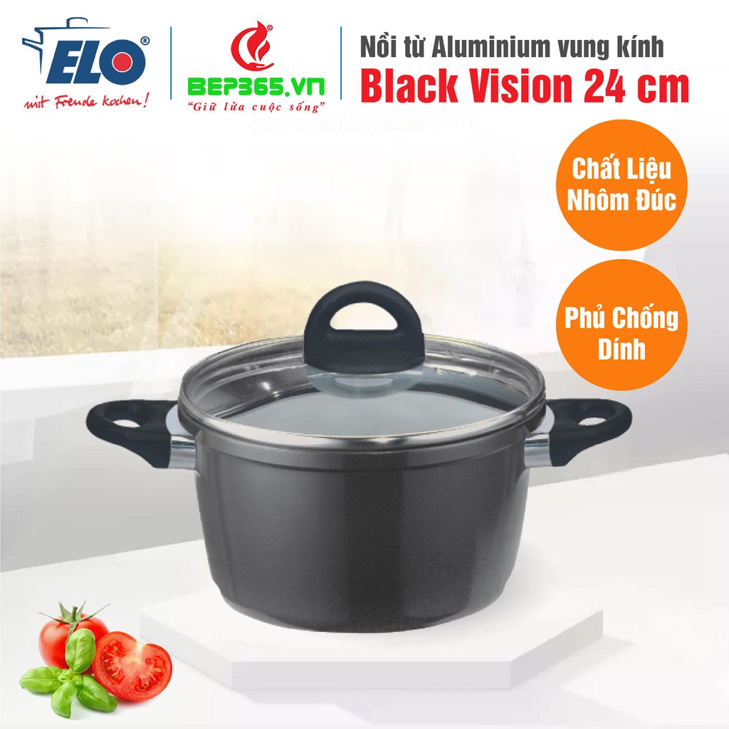 Nồi từ Aluminium tráng men chống dính, vung kính Elo Black Vision 24cm