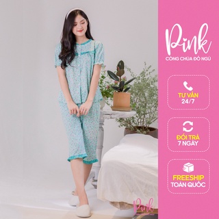 Bộ Pijama Họa Tiết Xanh Ngọc Tay Ngắn Quần Lửng Vải Kate Cao Cấp Đồ Ngủ Nữ Thời Trang Ulzzang Trẻ Trung Nữ Tính Xu Hướng