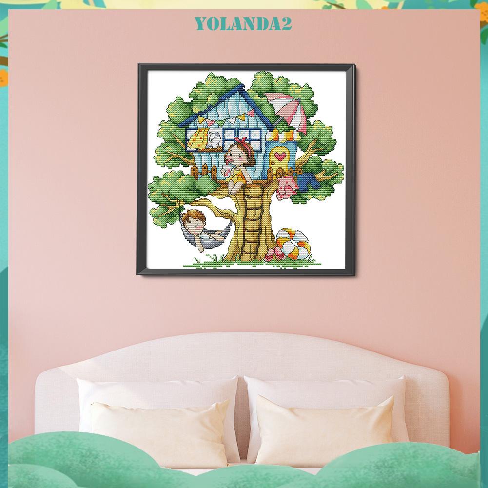 Tranh thêu chữ thập 14CT hình ngôi nhà trên cây dễ thương