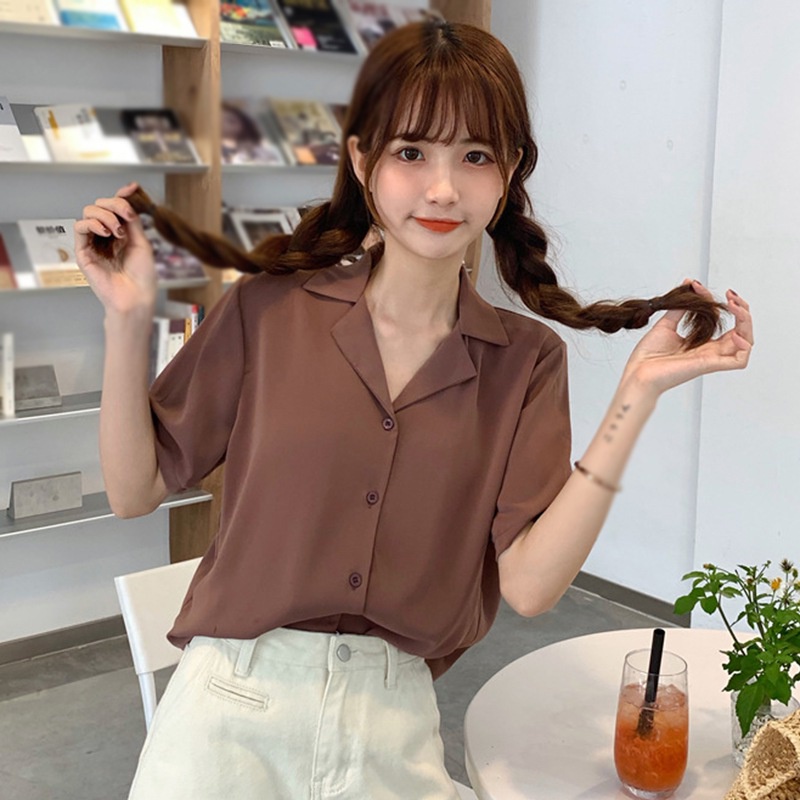 Áo Sơ Mi Tay Ngắn Dáng Rộng Cài Khuy Màu Sắc Đơn Giản Thời Trang Cho Nữ