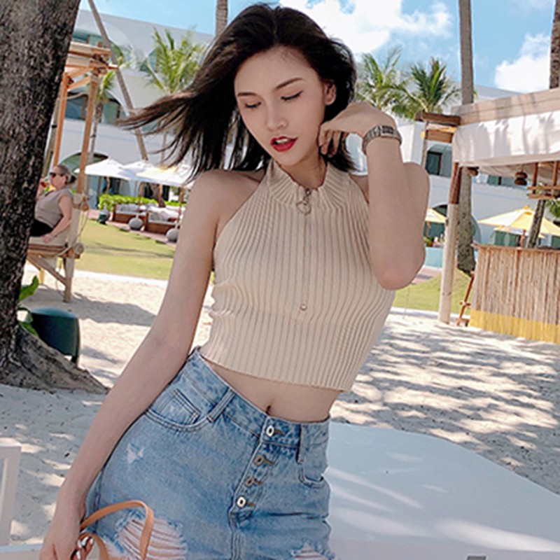 Áo Sát Nách Dệt Kim Thiết Kế Cổ Yếm Quyến Rũ