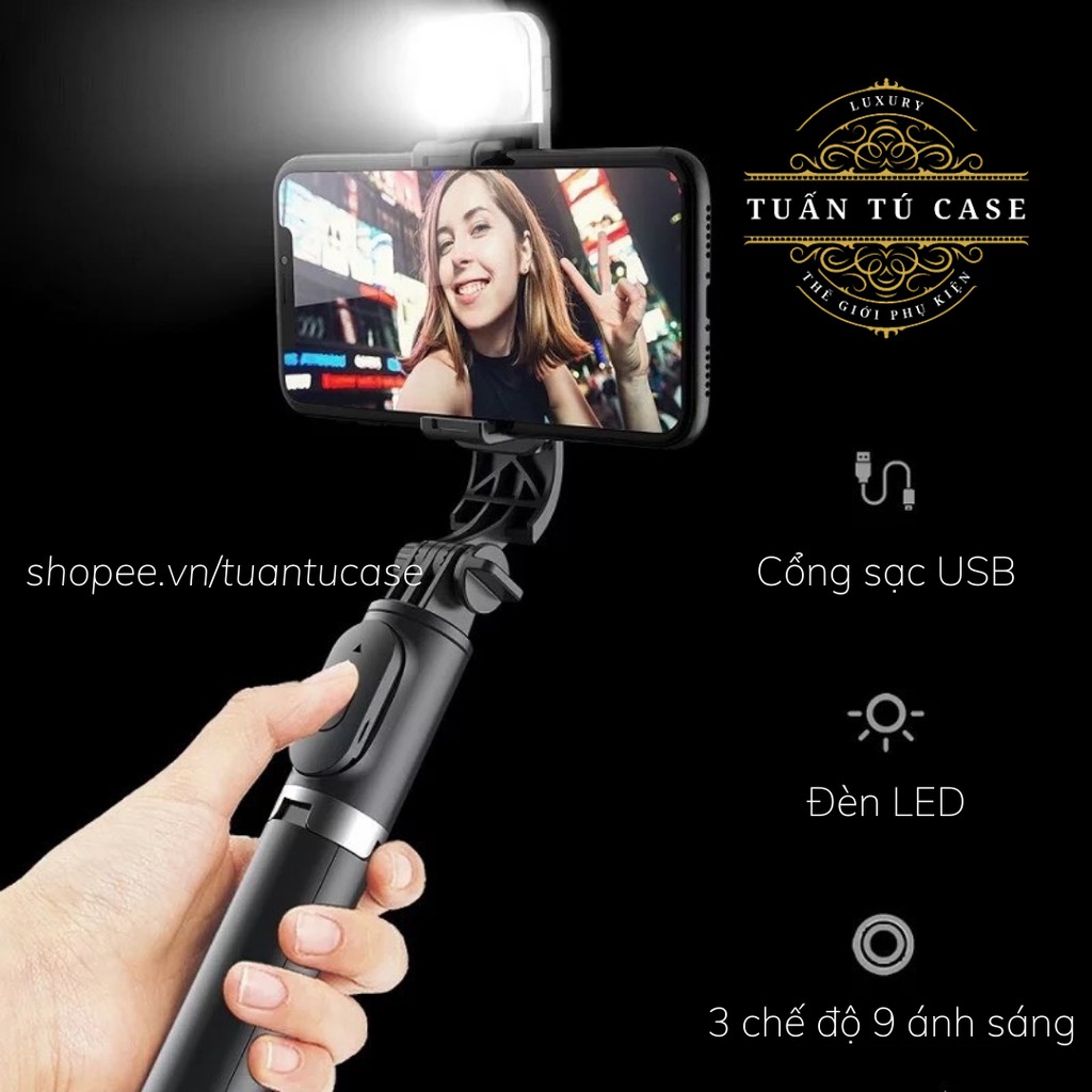 Gậy chụp ảnh Selfie đèn LED Bluetooth Q02S kèm chân đế Tripod đa năng 4 trong 1 gấp gọn bỏ túi